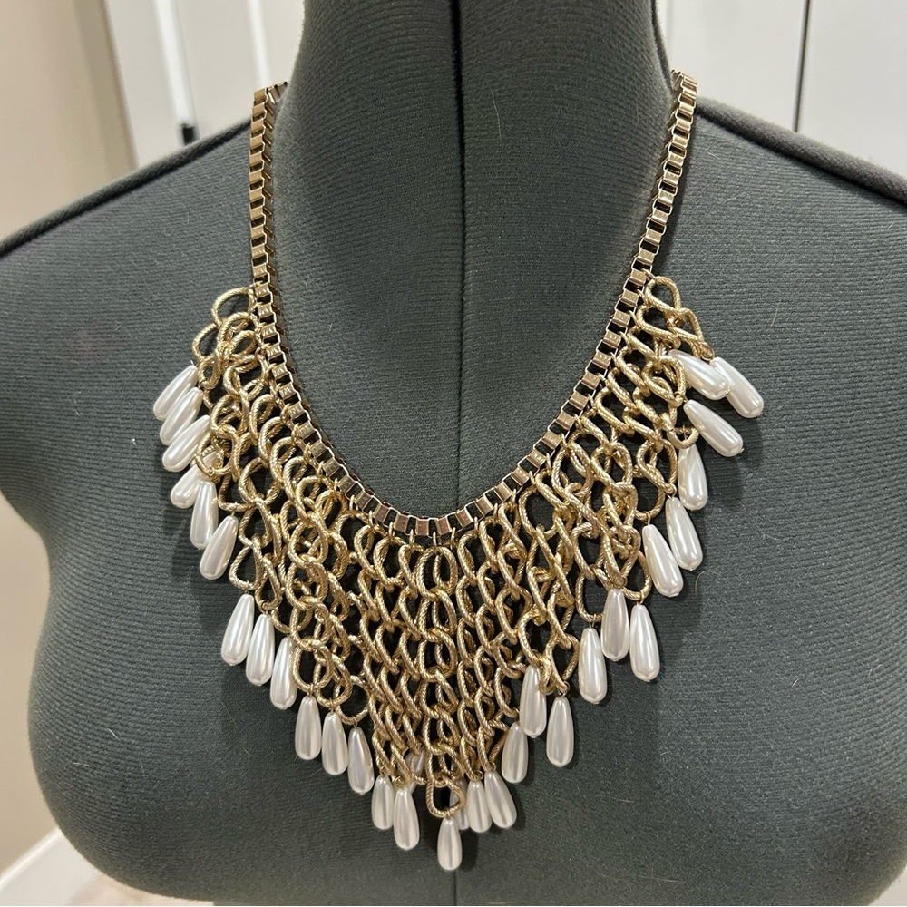 Gold tone and White statement bib Necklace